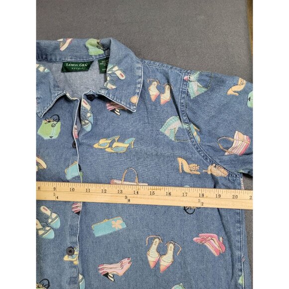 VTG LEMON GRASS Denim Shirt Women's Small Print Shoes Purses Novelty Granny - Picture 3 of 7